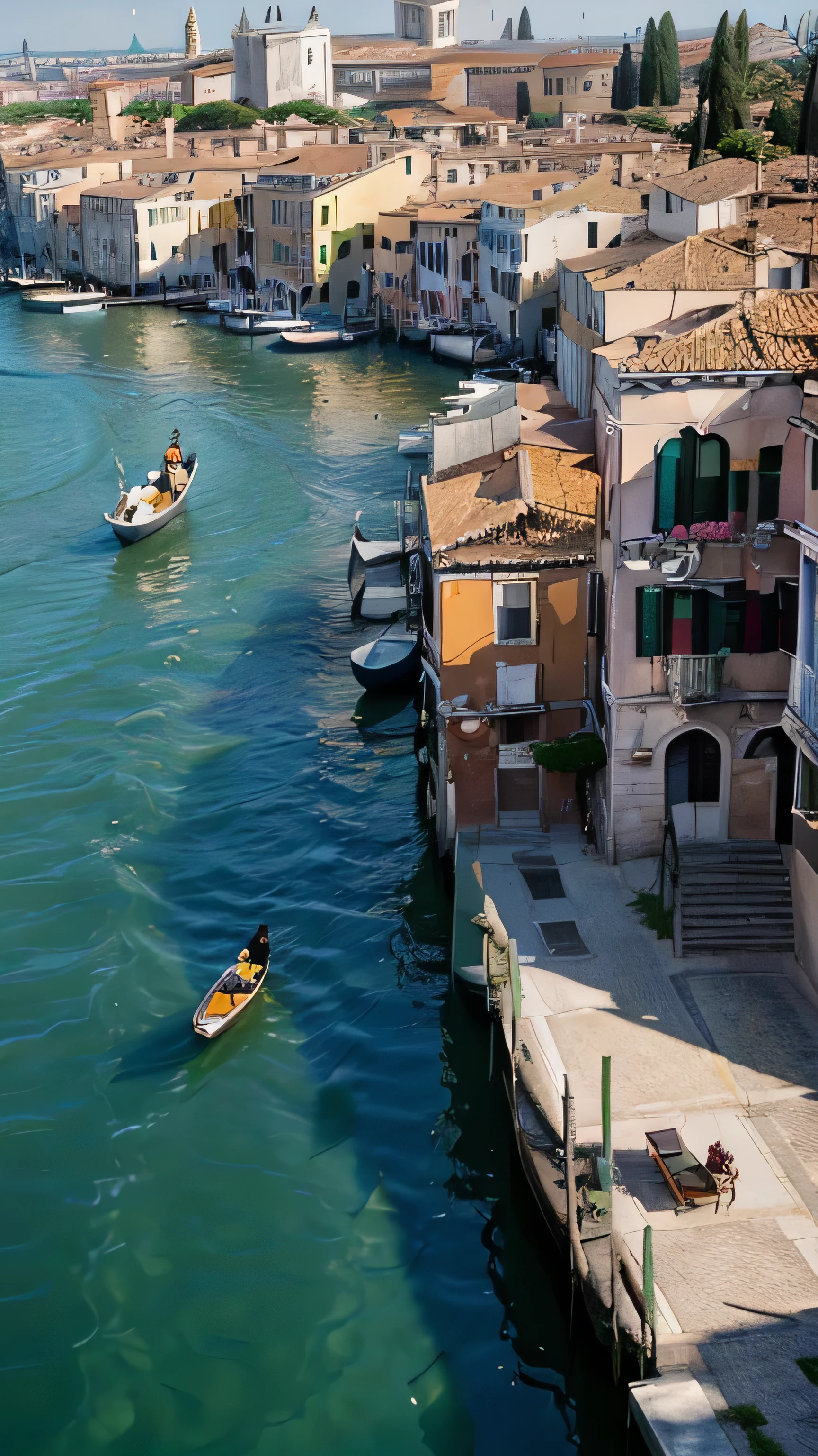 (Best quality, High definition images: 1.5), Masterpiece: 1.1, Aerial view, Venetian landscape, Boat tour, Canals of Venice, Italy, Water city, Crystalline reflections, Italian architecture, Slightly elevated view, Photorealistic rendering, Ultra-detailed textures, (Golden hour: 1.3), Dramatic shadows, Adirondack chairs on deck, Passing gondolas, (Nostalgic music: 0.8), Sun-kissed water, Pastel buildings, Terazzo rooftops, Elaborate bridges, (Bird's eye view: 1