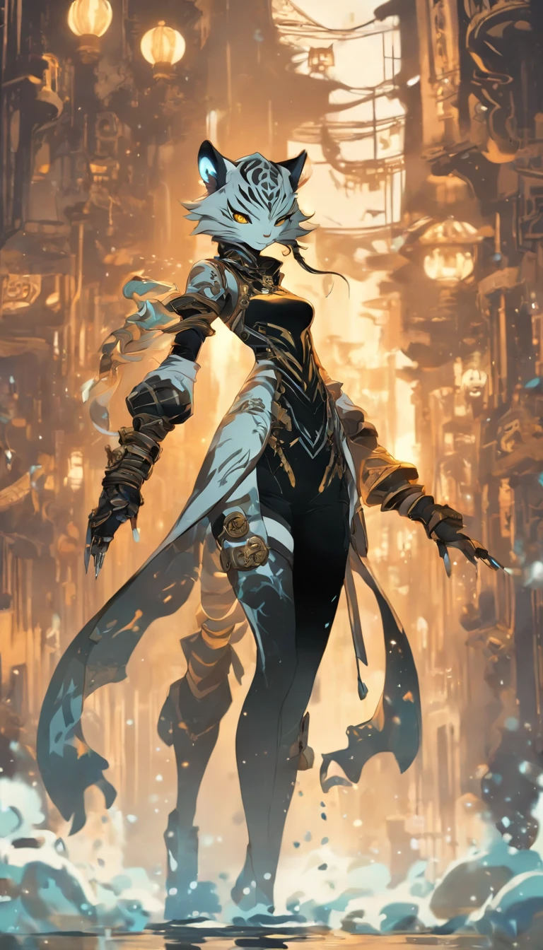 Chinese ink style,Steampunk world,Tiger-shaped steampunk warframe girl,Jet steam is suspended in the city air,Ink animation art,Ink comic art,water ink,ink,Smudge,8K,Delicately portrayed,Works of masters,Black and white tones