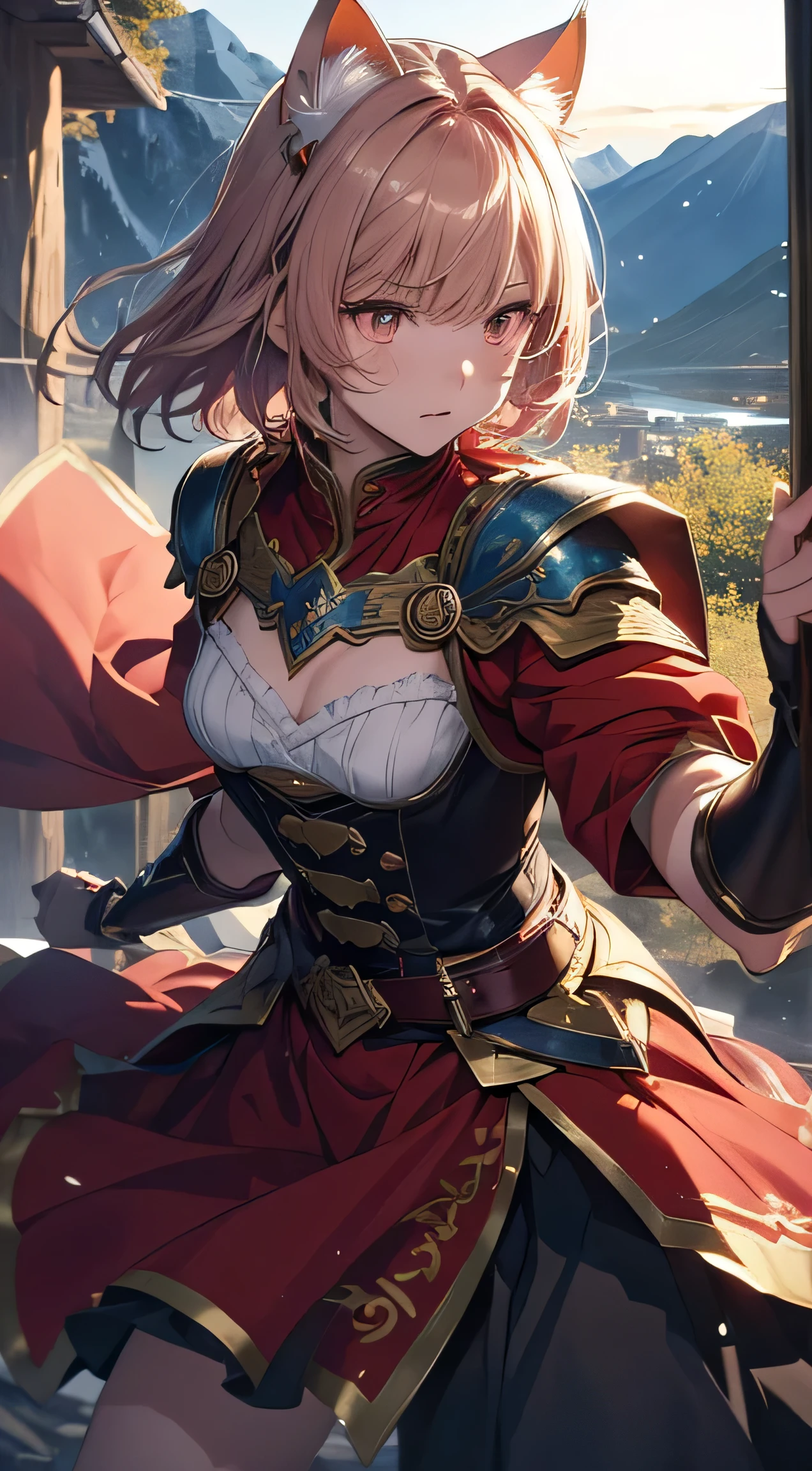 girl with beautiful details, clear and beautiful, glowing skin, girls, not, young, 20 years, short hair, Short hair, beautiful details glass hair, ((swinging a big sword, battle stance)) ((bright red greek costume)) beautiful details, cold face, cold expression, beautiful and delicate eyes, Middle breasts, brown eyes, Authentic skin texture, Very nice 8KCG wallpaper, Very nice 8K CG wallpaper, Watercolor (middle), female warrior, (((cat ears))), swinging a sword, attack stance, levitation, (((dark, dark Night, midnight))) (((nature background, mountain, wood))), ((outdoors)), upper body cut, Costume colors are colorful and saturated..