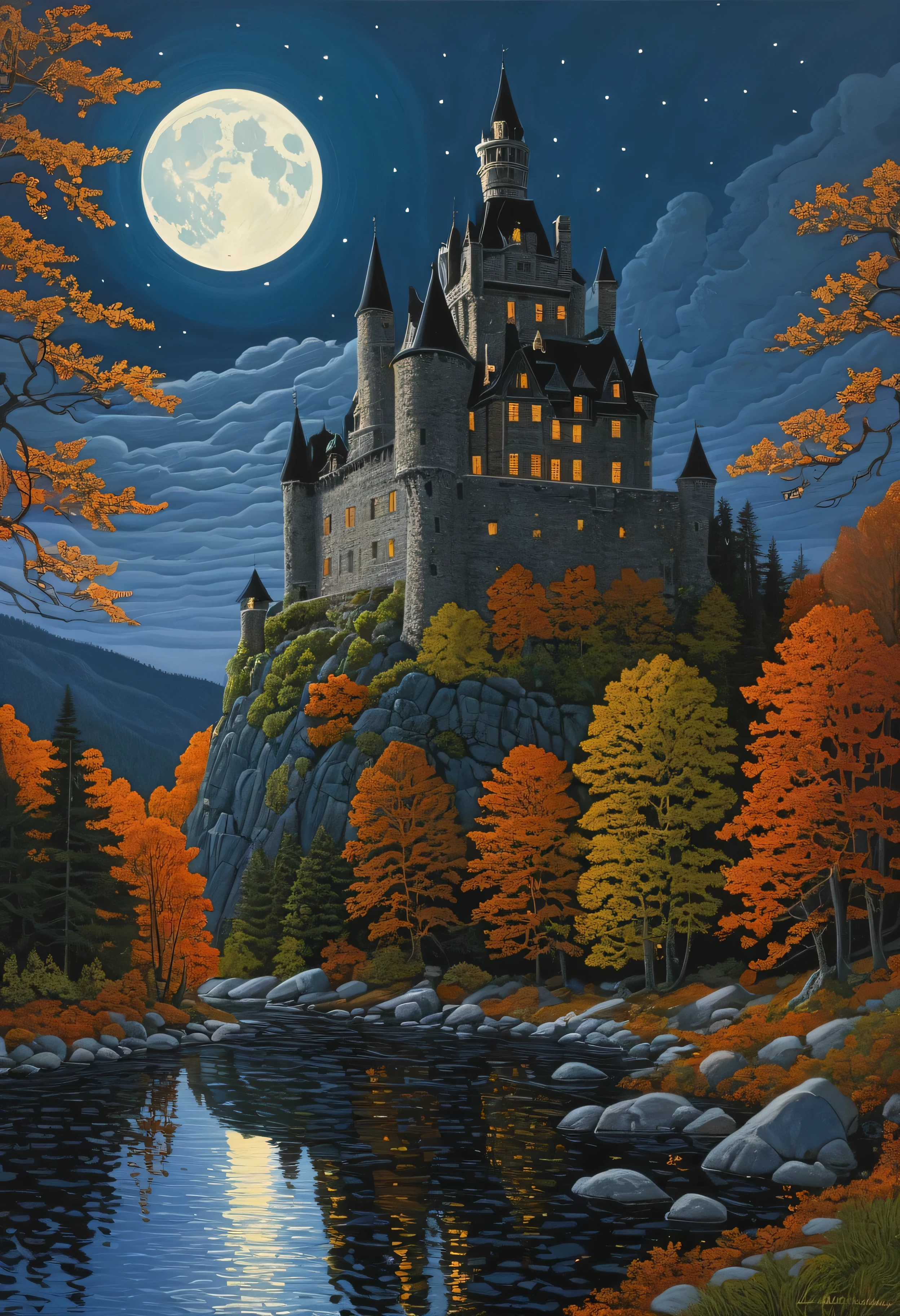 A spooky castle in a dream at night, style David A. Hardy art, Neil Welliver