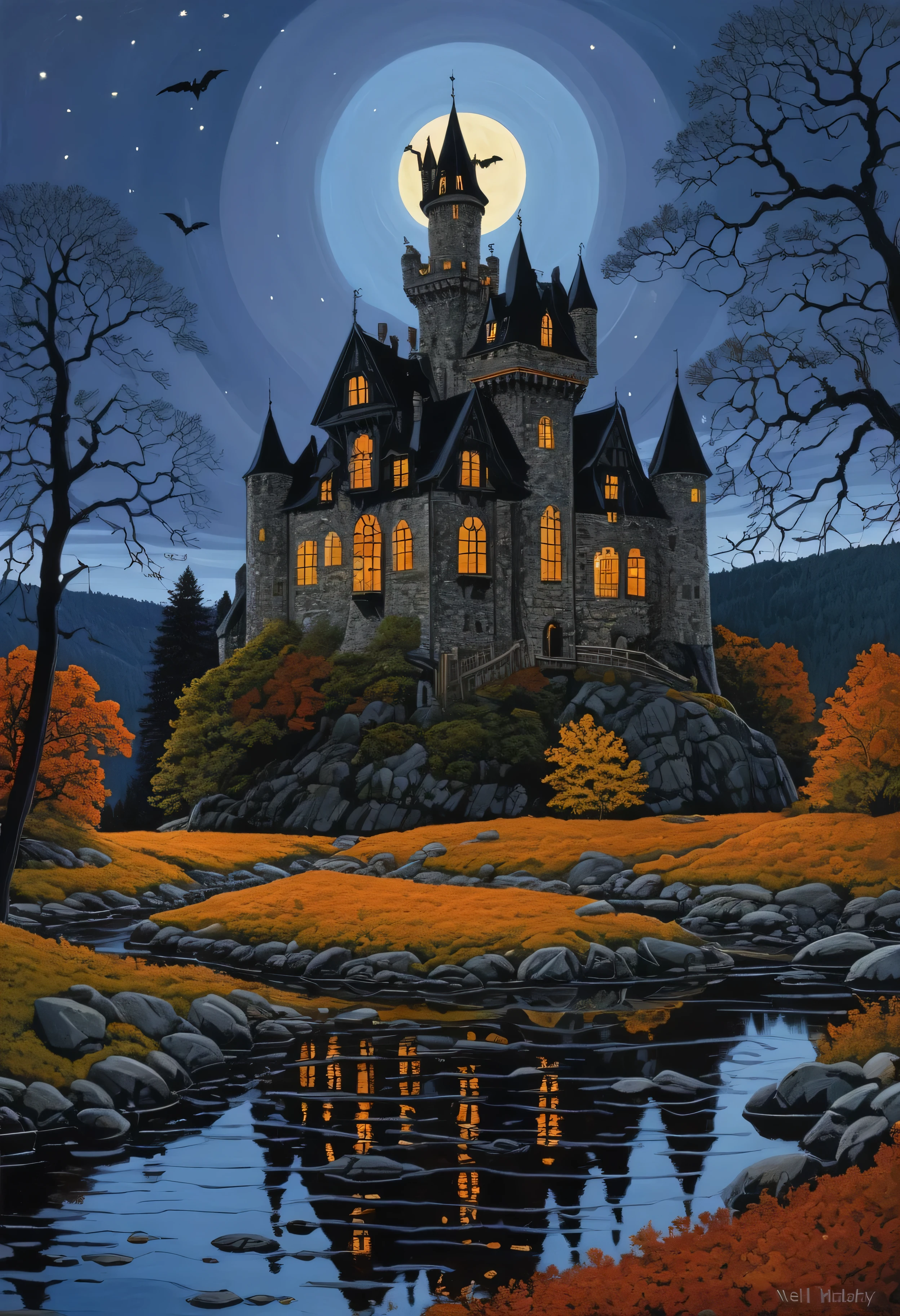 A spooky castle in a dream at night, style David A. Hardy art, Neil Welliver