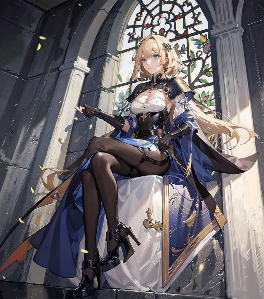 (Masterpiece: 1.2, Best Quality), Realistic, (Realistic Picture, Complex Details, Depth of Field), Best Quality, Masterpiece, Highly Detailed, Semi Realistic, 1 Girl, Mature Female, 21 Years Old, Blond Hair, Shoulder length Short Hair, Left Eye Covered with Hair, light Blue Eyes, plebe Clothes, dark Cloak, Slim Figure, black Crown Made of Precious Gold, Reading Documents, Marking Documents, Goose Hair Pen, Office Table, Soft Bench, Palace, In the palace, during the Middle Ages, full body, big ass, pernas gordas