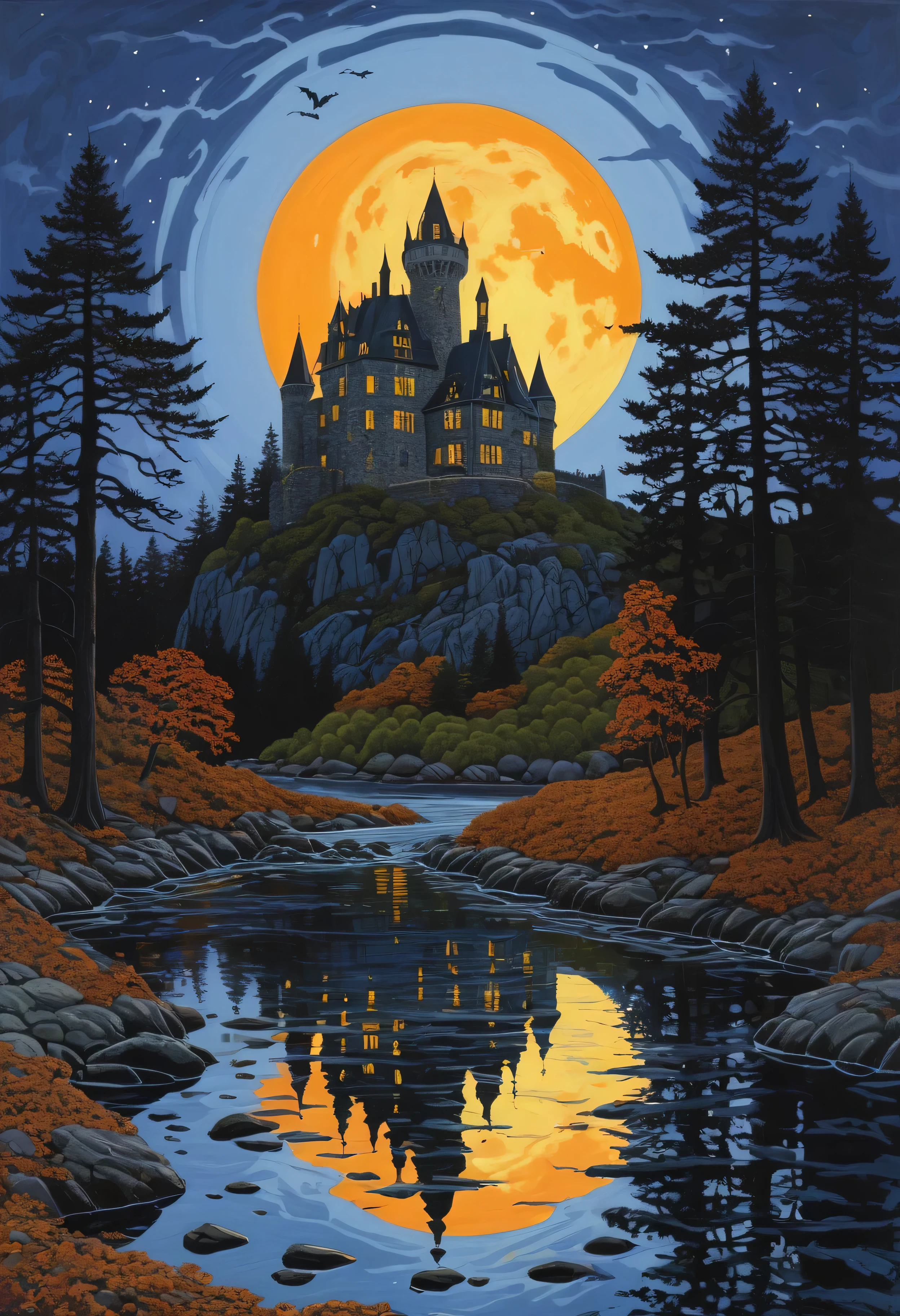 A spooky castle in a dream at night, style David A. Hardy art, Neil Welliver