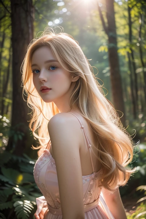 (8k), (masterpiece), (best quality), (super details), (award winning), (realistic), lens flare, glowing light, woman in a pink dress standing in the woods, (photography), modeling shoot, beautiful girl, (beautiful face:0.8), slender blonde girl, fashion photography portrait, pale skin curly blond hair