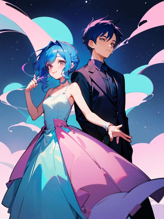 cartoon of a boy and a girl standing close together, ddlc, in the art style of 8 0 s anime, 9 0 s anime style, 90s anime style, in anime style, in an anime style, anime aesthetic, anime vibes, 9 0 s anime aesthetic, 9 0 s anime art style, lofi boy and girl, beautiful background outside, background at night with stars and a moon, fairy lights, beautiful background in a floral garden with fairy lights at night, a cute boy and a cute girl, beautiful faces, a boy and a girl, don't extra hands, NO extra hands, generate a boy and a girl with NO extra hands, NO extra arm, the boy has a short hairstyle and the girl has a long hairstyle, the boy has blue hair, the girl has pink hair, pretty faces, cute pretty boy in a smoking dress, cute pretty girl in a beautiful dress, with amazing smile, boy has a pretty smile, girl has a cute smile