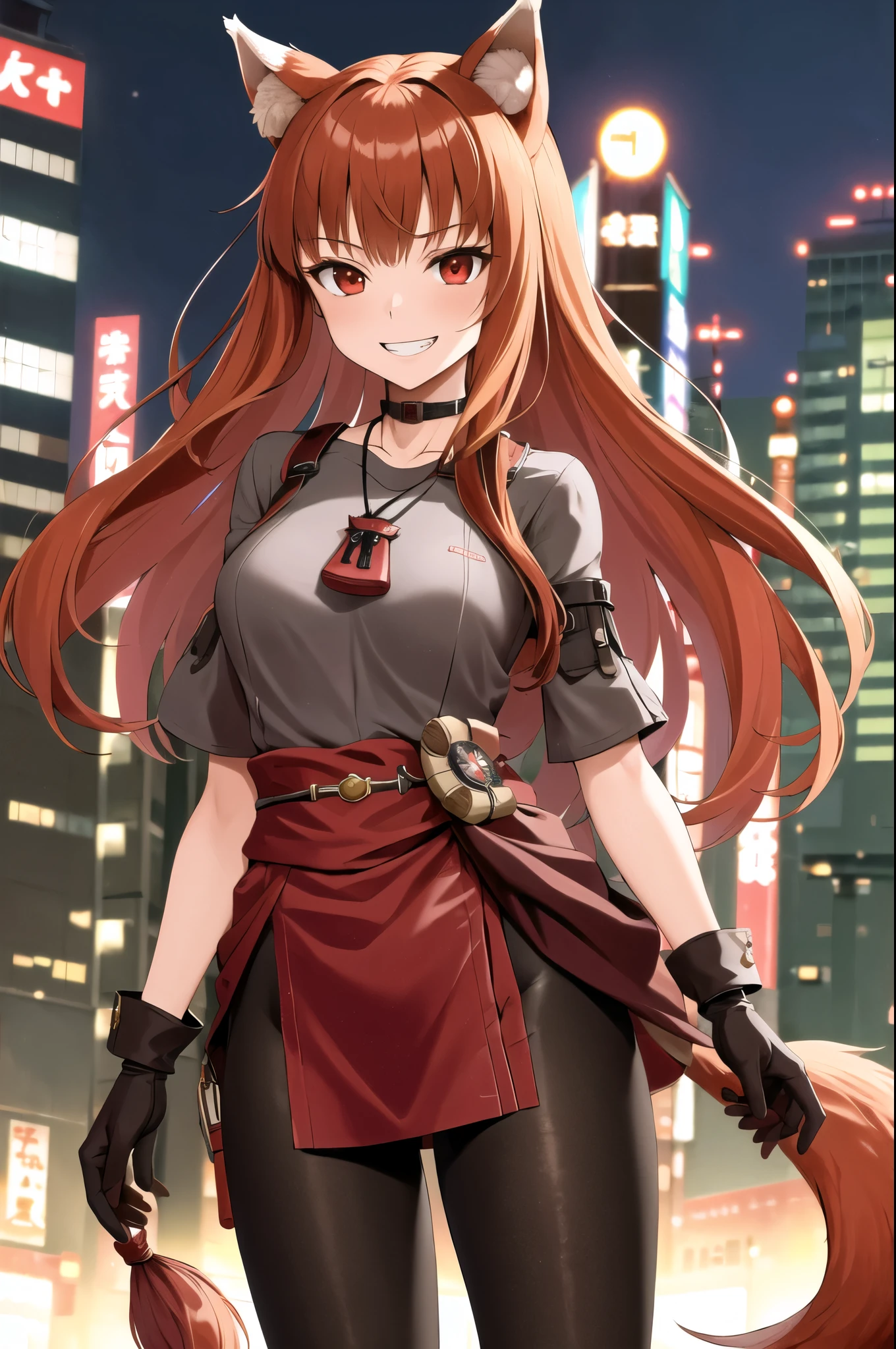 masterpiece, best quality, highres, 1girl, long hair, brown hair, animal ears, red eyes, wolf tail, necklace, (bodysuit, gloves), sash, pouch, smile, grin, Tokyo's Cyberpunk, night city, standing