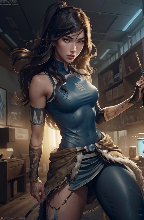 Megan Fox like Korra, sightly muscled, messy hair, Full body, Beautiful anime waifu style girl,hyperdetailed painting, luminism, art by artgerm, concept art, dark background, abstract beauty, approaching perfection, pure form, golden ratio, minimalistic, dark atmosphere, unfinished, concept art, intricate details, 8k post production, high resolution, hyperdetailed, trending on artstation, sharp focus, studio photo, intricate details, highly detailed,