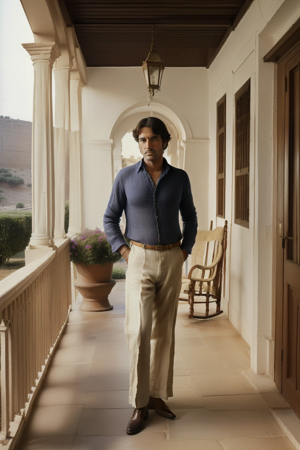 Tharsis, Spain, 1979. ((((42-year-old)) Alvaro G.)), writer, in the ((victorian front porch)), ((((linen clothings from the 1970s, shirt and trousers)))), ((hairstyle of the 1970s)), colorful