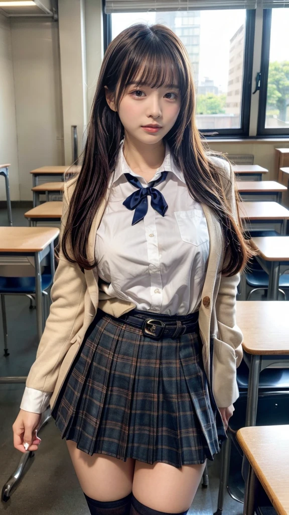 muste piece, best quality, illustration, Super detailed, fine details, High resolution, 8K,wall paper, perfect dynamic composition,(Details High quality, realistic depiction of eyes:1.3), NSFW, High School Classroom、(skirt lift, panty peek, panty), High school girl uniform、blazer 、Super Short Check Uniform Skirt、Navy blue high socks、garterbelts、Colossal tits、Disturbed uniform, ponytail, black hair color, large breasts, Big Natural Color Lip, bold sexy pose, (perfect body shape), crying a little、cold gaze, Harajuku style、20 year old girl、cute type, beautiful legs, hposing Gravure Idol, Voluptuous thighs