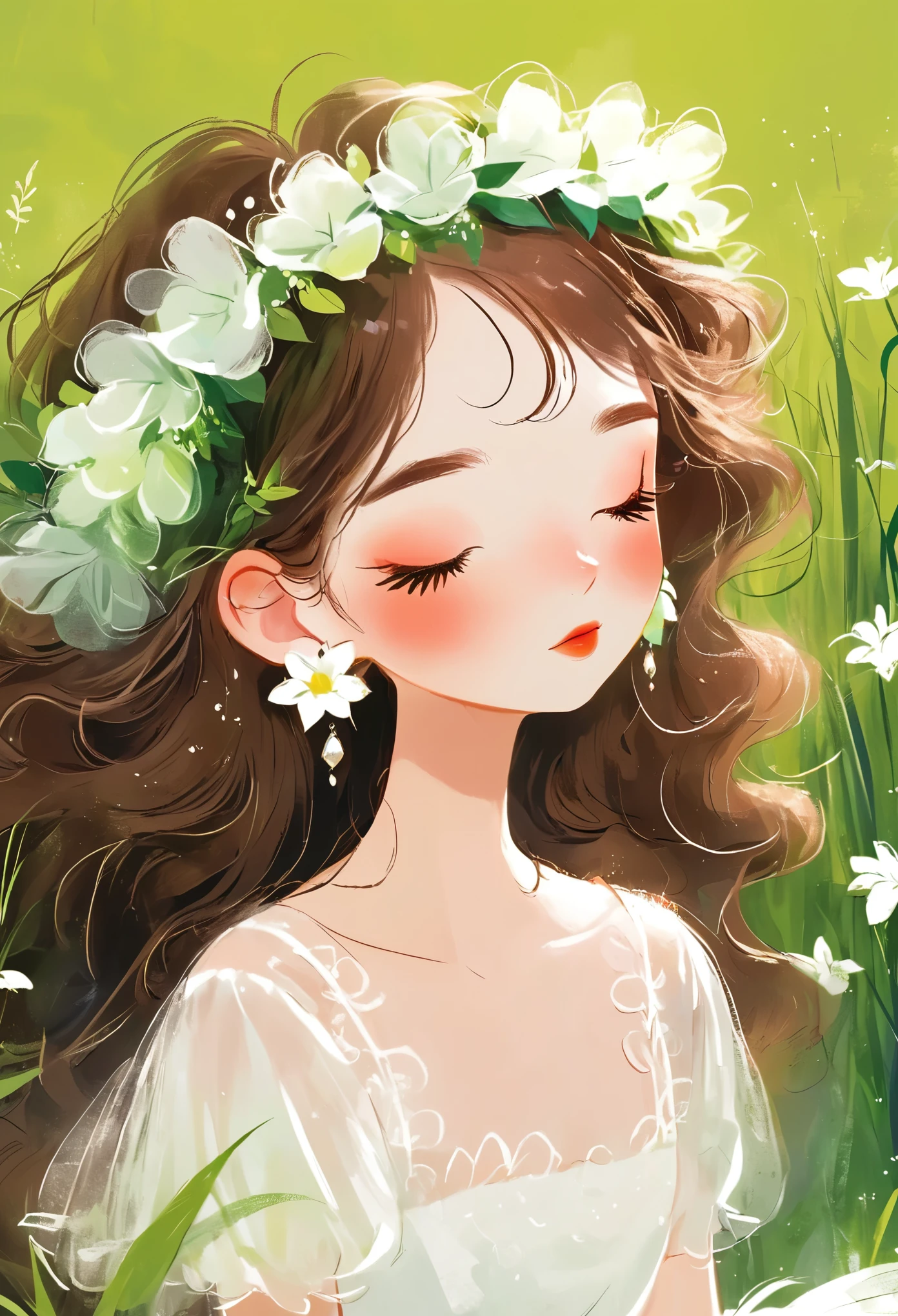Rough texture,Hand-drawn style:1girl,closed eyes,dress,earrings,flower,grass,green background,head wreath,jewelry,leaf,long hair,plant,solo,white dress