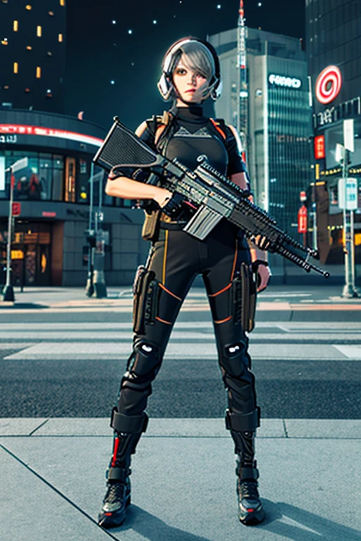 3D pixel art A Russian girl in her early 20s with curly ash-gray hair, clad in cyberpunk gear from head to toe, aims a high-tech scoped rifle at a target far away. The background is a corner of a futuristic city.