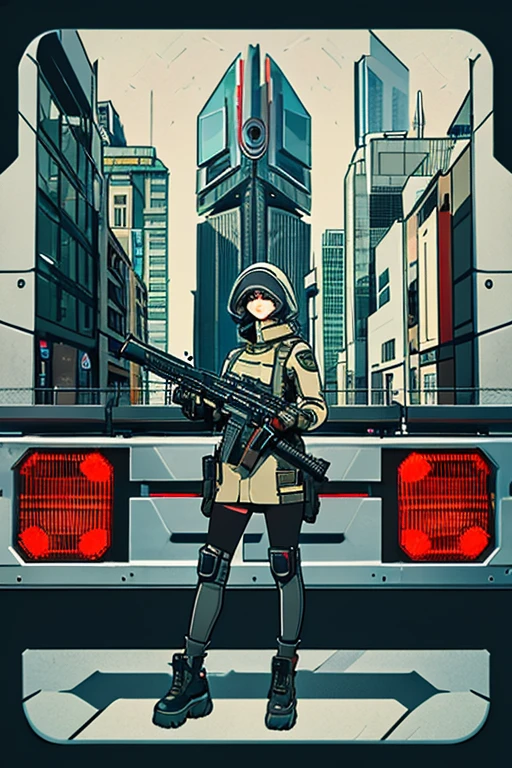3D pixel art A Russian girl in her early 20s with curly ash-gray hair, clad in cyberpunk gear from head to toe, aims a high-tech scoped rifle at a target far away. The background is a corner of a futuristic city.