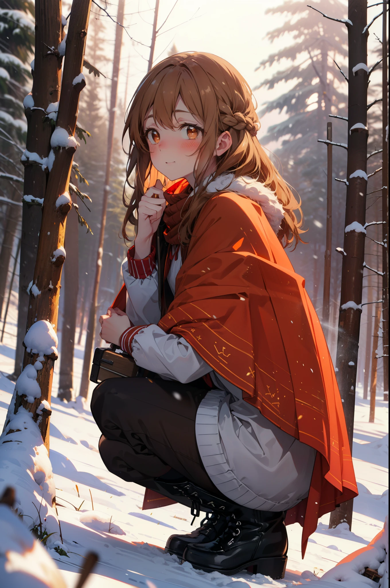 I am the sun ayuuki, a sun a yuuki, Long Hair, Brown Hair, (Brown eyes:1.8)Medium chest,smile,blush,White Breath,
Open your mouth,snow,Ground bonfire, Outdoor, boots, snowing, From the side, wood, suitcase, Cape, Blurred, Increase your meals, forest, White handbag, nature,  Squat, Mouth closed, フードed Cape, winter, Written boundary depth, Black shoes, red Cape break looking at viewer, Upper Body, whole body, break Outdoor, forest, nature, break (masterpiece:1.2), highest quality, High resolution, unity 8k wallpaper, (shape:0.8), (Beautiful and beautiful eyes:1.6), Highly detailed face, Perfect lighting, Highly detailed CG, (Perfect hands, Perfect Anatomy),