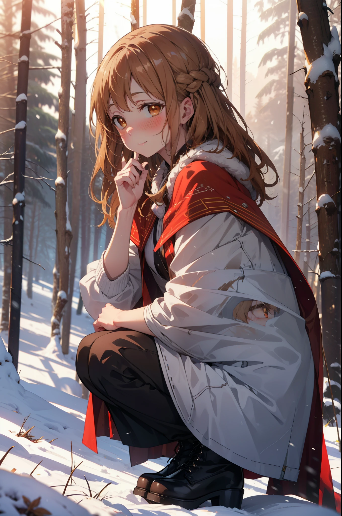I am the sun ayuuki, a sun a yuuki, Long Hair, Brown Hair, (Brown eyes:1.8)Medium chest,smile,blush,White Breath,
Open your mouth,snow,Ground bonfire, Outdoor, boots, snowing, From the side, wood, suitcase, Cape, Blurred, Increase your meals, forest, White handbag, nature,  Squat, Mouth closed, フードed Cape, winter, Written boundary depth, Black shoes, red Cape break looking at viewer, Upper Body, whole body, break Outdoor, forest, nature, break (masterpiece:1.2), highest quality, High resolution, unity 8k wallpaper, (shape:0.8), (Beautiful and beautiful eyes:1.6), Highly detailed face, Perfect lighting, Highly detailed CG, (Perfect hands, Perfect Anatomy),