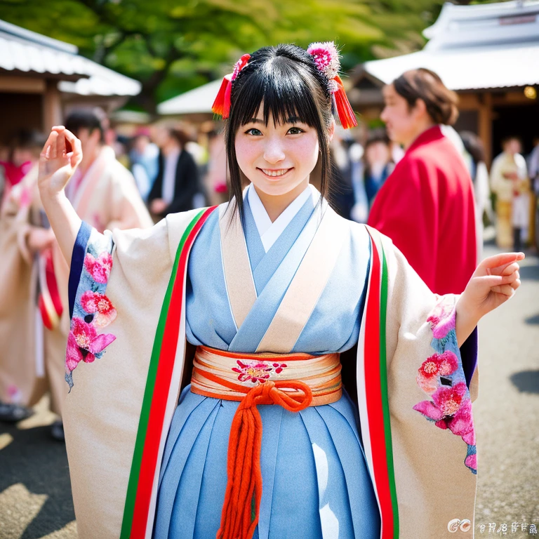 A young woman participating in a traditional Japanese festival、A scene of a person posing in a traditional Japanese festival costume consisting of a short happi coat and a loincloth.。The front of the happi is open、You can see the sarashi on the inside。The background is a gorgeous festival scene。The whole body is depicted in high resolution.