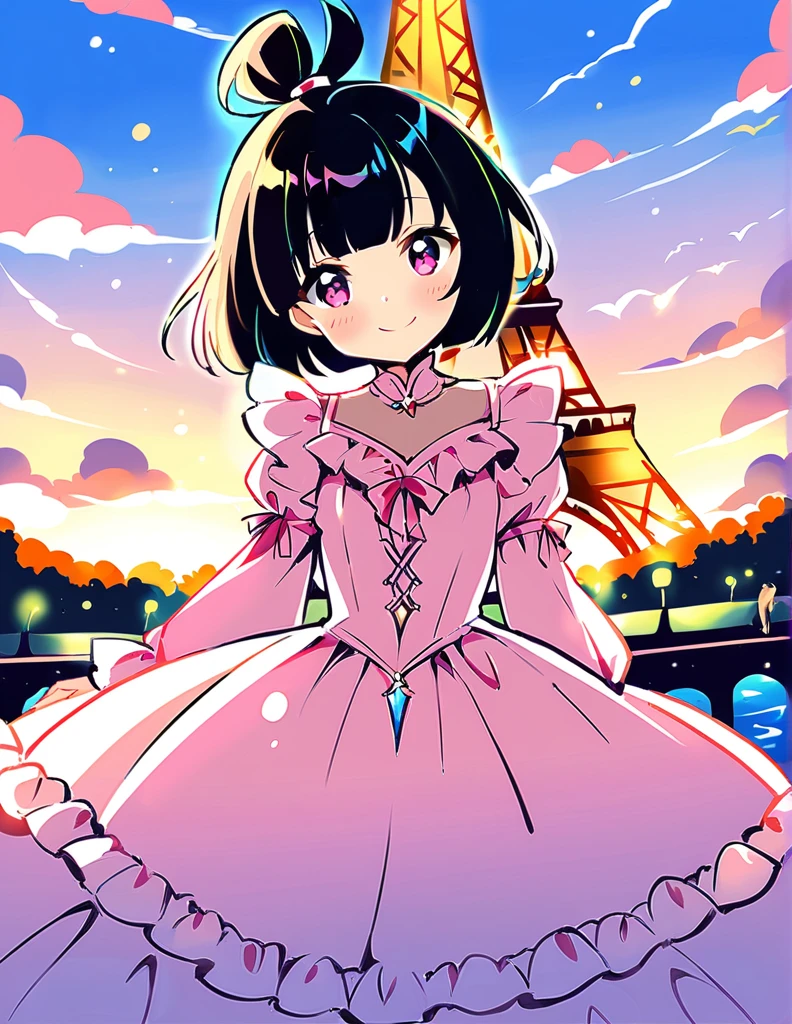 dynamic angle, absurdres, best quality, masterpiece,
BREAK
(petite), (pink detailed princess dress with many frills:1.3), frilly long sleeves, pink eyes, beautiful black hair, (topknot), blunt bangs, smile,
BREAK
The travel memories photo captures the princess against the backdrop of iconic locations around the world. In Paris, the princess smiles gracefully in front of the Eiffel Tower; These photos are a record of adventures that transcend time and space, reflecting the princess’s diverse allure.