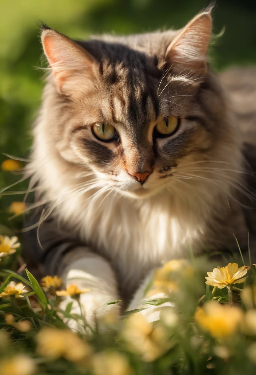 A cute little hairy cat, chubby and full of charm. (best quality,highres,masterpiece:1.2), ultra-detailed, (realistic:1.37), vivid colors, studio lighting, with delicate fur patterns and sparkling eyes, sitting gracefully in a sunlit garden, surrounded by colorful flowers and lush green plants. The cat's playful expression and relaxed posture give off a sense of contentment and happiness. The warm sunlight filters through the leaves, casting dappled shadows on the ground, creating a peaceful and serene atmosphere. The adorable cat's small paws are gently brushing against the soft grass, enjoying the touch of nature. The image is infused with a touch of impressionist style, enhancing the sense of artistry and beauty. The color palette consists of soft pastel tones, emphasizing the innocence and sweetness of the scene. The overall composition is carefully framed, highlighting the cat as the focal point and creating a harmonious and balanced visual experience.