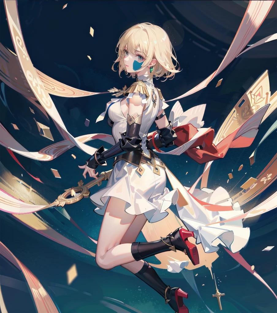 absurdres, RAW photo, extremely delicate and beautiful, masterpiece, Best Quality, ultra high resolution, 32k, hyperrealistic, ultra-detailed, 20 years old, detailed beautiful face, tearful mole, earring, very huge round breasts, short medium hair, wavy hair, wet clothes, (full body shot), alone, blonde hair, gauntlets, Joan of Arc, (surcoat), (cross armor),