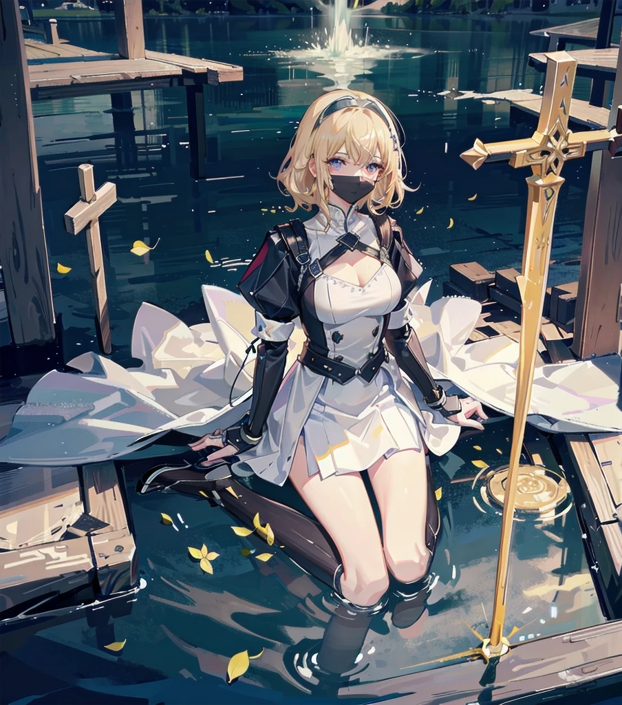 absurdres, RAW photo, extremely delicate and beautiful, masterpiece, Best Quality, ultra high resolution, 32k, hyperrealistic, ultra-detailed, 20 years old, detailed beautiful face, tearful mole, earring, very huge round breasts, short medium hair, wavy hair, wet clothes, (full body shot), alone, blonde hair, gauntlets, Joan of Arc, (surcoat), (cross armor),