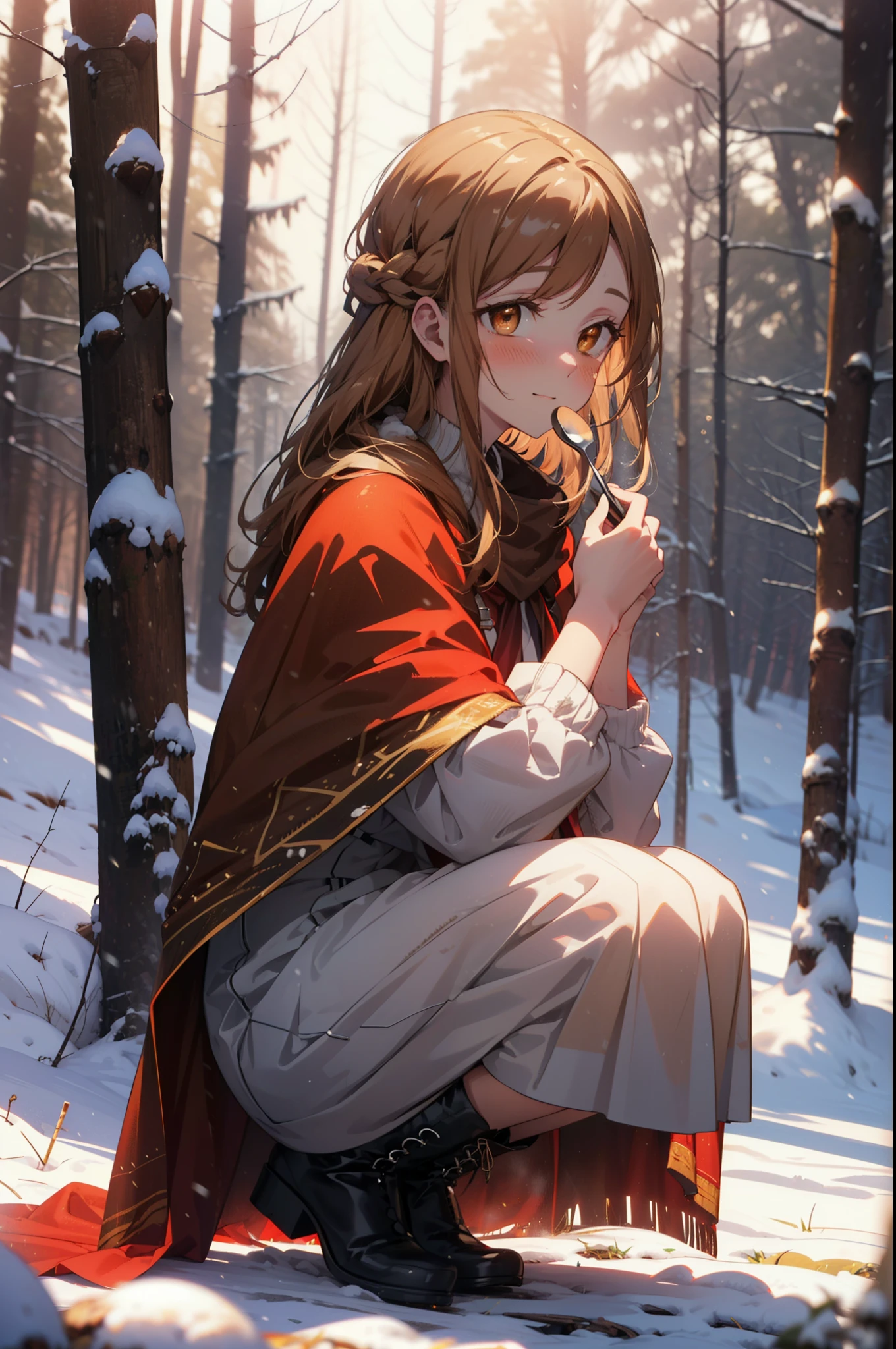 I am the sun ayuuki, a sun a yuuki, Long Hair, Brown Hair, (Brown eyes:1.8)Medium chest,smile,blush,White Breath,
Open your mouth,snow,Ground bonfire, Outdoor, boots, snowing, From the side, wood, suitcase, Cape, Blurred, Increase your meals, forest, White handbag, nature,  Squat, Mouth closed, フードed Cape, winter, Written boundary depth, Black shoes, red Cape break looking at viewer, Upper Body, whole body, break Outdoor, forest, nature, break (masterpiece:1.2), highest quality, High resolution, unity 8k wallpaper, (shape:0.8), (Beautiful and beautiful eyes:1.6), Highly detailed face, Perfect lighting, Highly detailed CG, (Perfect hands, Perfect Anatomy),
