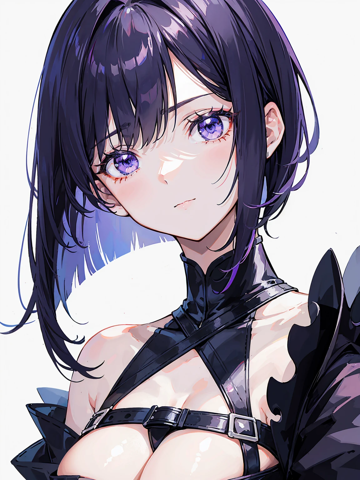 Anime-style portrait of a girl with a deep violet bob cut making eye contact with the camera, bright eyes, subtle smile, minimalistic background to emphasize character, high contrast, clean lines, digital painting, vivid colors, The girl wears her hair in a bob cut, cut at the jawline. Her hair is dark purple and her fringes are parted just in the middle of her forehead, barely peeking over her eyebrows. Other short hair frames the face on either side of the fringe, reaching just above the eyes, and the hair on the sides is clipped above the ears. The hair on top has slight volume and forms an overall rounded silhouette. The texture of the hair is smooth, shiny and lively. The ends of the hair are lightly styled inwards. 