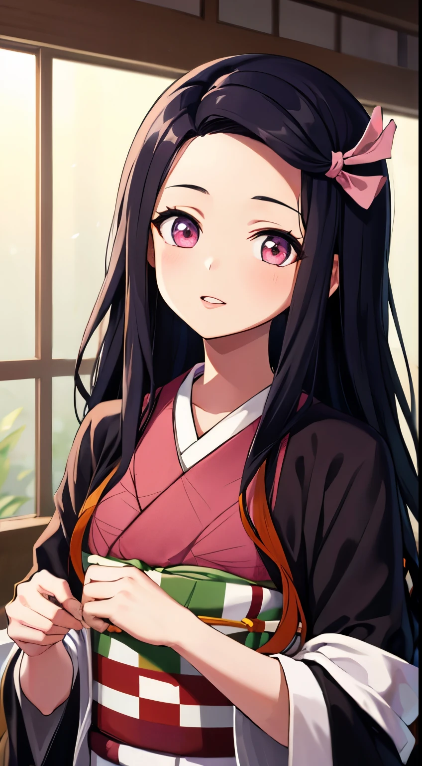 Nezuko Kamado, One Girl, Brown Hair, Checked band,  Gradient Hair, ヘアribbon, Haori, generally, kimono, Long-haired, Look at the viewers, Multicolored Hair, Orange Hair, Pink Eyes, ピンクのkimono, ピンクribbon, ribbon, solo, Upper body, ((masterpiece)),Laughter、Kamado Nezuko,View the viewer、Laughter、Lips