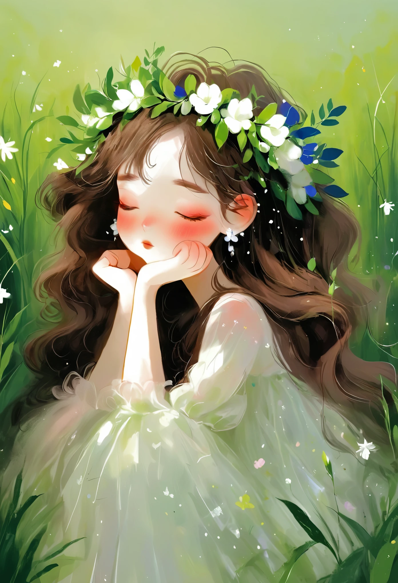 Rough texture，Hand-drawn style：1girl,closed eyes,dress,earrings,flower,grass,green background,head wreath,jewelry,leaf,long hair,plant,solo,white dress