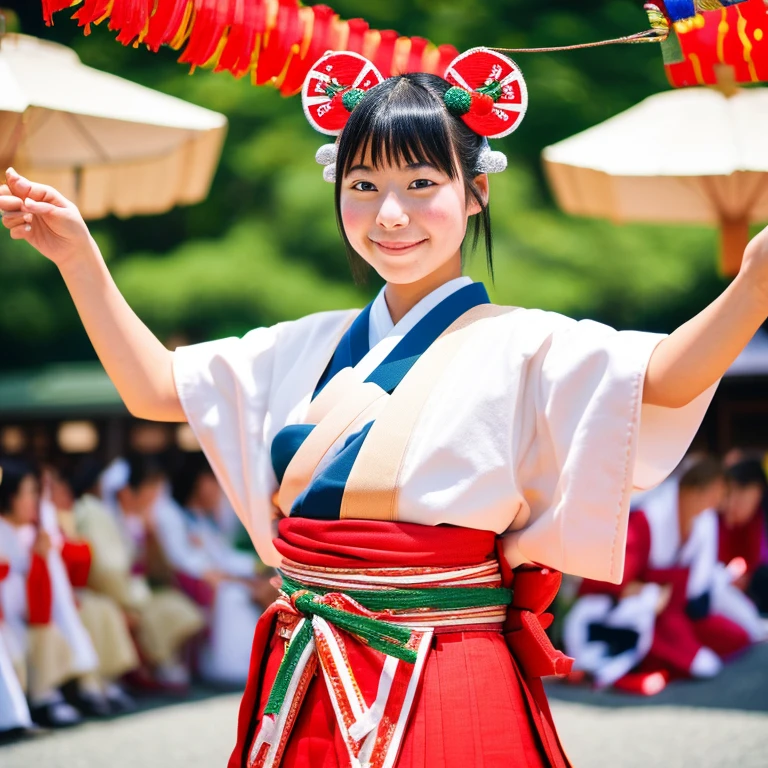 Young woman participating in a traditional Japanese festival、Scene of a person posing in traditional Japanese festival costume consisting of a sarashi and a loincloth，The background is a festive scene。High-resolution representation of the entire body.