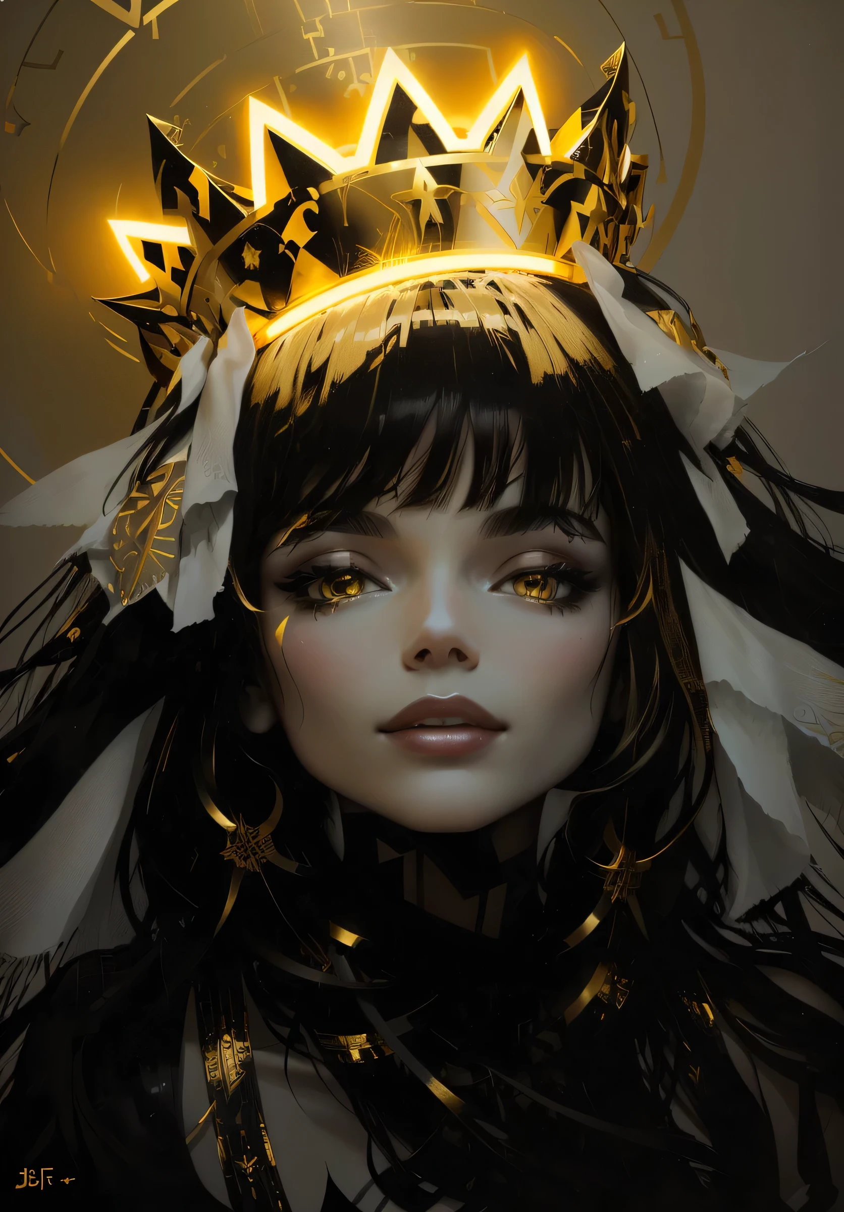 Arafed image of a woman with a crown on her head, stencil art, A golden halo behind his head, orange halo around her head, Björk three-point lighting, halo above her head, Portrait of Haifa Webe, coming out of his lamp, fringe Bettie Page, divine ray above her head, stencil, Gold-plated gold halo behind his head, black stencil