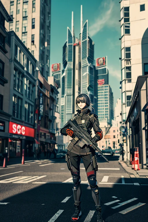 3D pixel art A Russian girl in her early 20s with curly ash-gray hair, clad in cyberpunk gear from head to toe, aims a high-tech scoped rifle at a target far away. The background is a corner of a futuristic city.