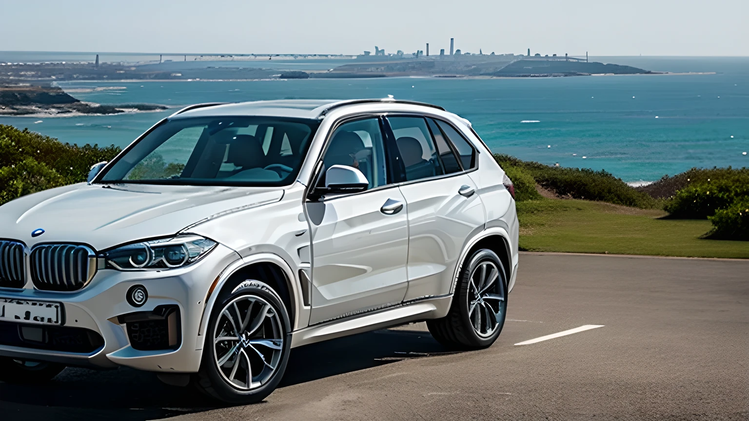A view of a coastal town: below, the cityscape spreads out in an atmosphere. Dominating the scene is an elegant white BMW X5 SUV, parked, a symbol of luxury and adventure. Nearby, a tourist couple observes the wide panorama. Style: Bright and cool tones, urban sophistication, light, sharpness, real photo