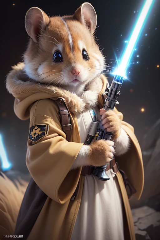 (best quality,ultra-detailed,realistic,photorealistic:1.37),furry hamster wearing a Star Wars Jedi uniform,adorable,soft,fuzzy,playful,expressive brown eyes,small and rounded body,tiny paws,detailed Jedi robe with brown fabric and hood,lightsaber,light side of the Force,galactic background,vivid colors,warm lighting,
