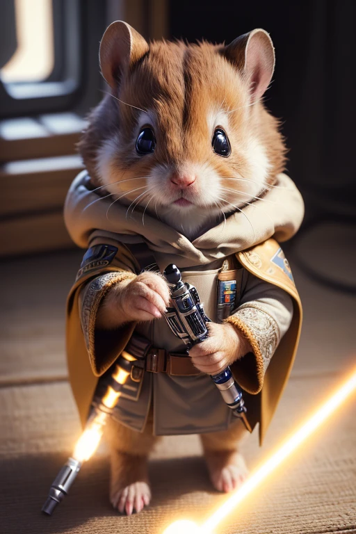(best quality,ultra-detailed,realistic,photorealistic:1.37),furry hamster wearing a Star Wars Jedi uniform,adorable,soft,fuzzy,playful,expressive brown eyes,small and rounded body,tiny paws,detailed Jedi robe with brown fabric and hood,lightsaber,light side of the Force,galactic background,vivid colors,warm lighting,