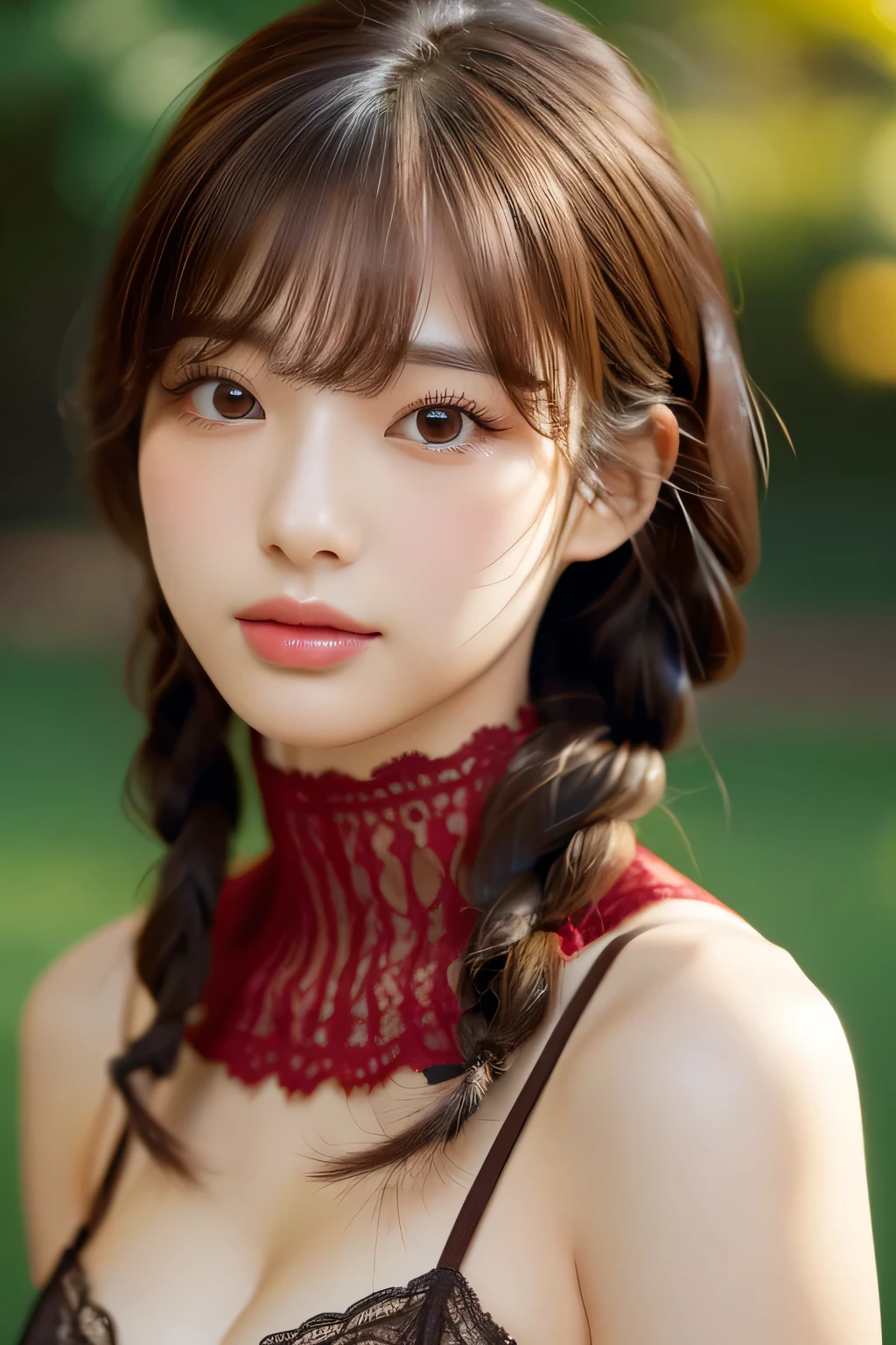 Ultra-realistic capture, Highly detailed, High resolution 16k close-up of human skin. Skin texture must be natural, With such detail that pores can be finely identified. Skin should look healthy, In a uniform tone. Use natural light and color, Japanese 、(Random Hairstyles:1.2)、Black Hair, Inner Color, Purple Hair, Ahoge, Asymmetrical hairstyles, Bangs, Frowning, Half-closed eyes, Long eyelashes, Open your mouth a little, Cleavage:1.2, Super detailed face、Protruding nipples、Red tie、Attention to detail、double eyelid、Put your chest together、Sharp focus:1.2、Beautiful woman:1.4、Highly detailed and professionally lit smile、Shoulder out、thin、Serious expression、whole body、Red underwear、garter belt、stockings、Long legs、 Sharp focus :1.2, Beautiful woman with perfect figure :1.4, A wistful smile, Upward glance, looking at the camera, Thin Abs :1.1, ((Brown Hair, Big Breasts :1.2)), Highly detailed face and skin texture、Black choker around the neck、garter belt、Night Park、bench