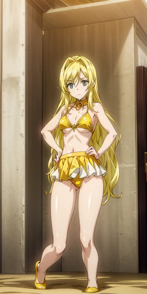 Rutina wearing yellow bikini, hands on hips, kneeling 