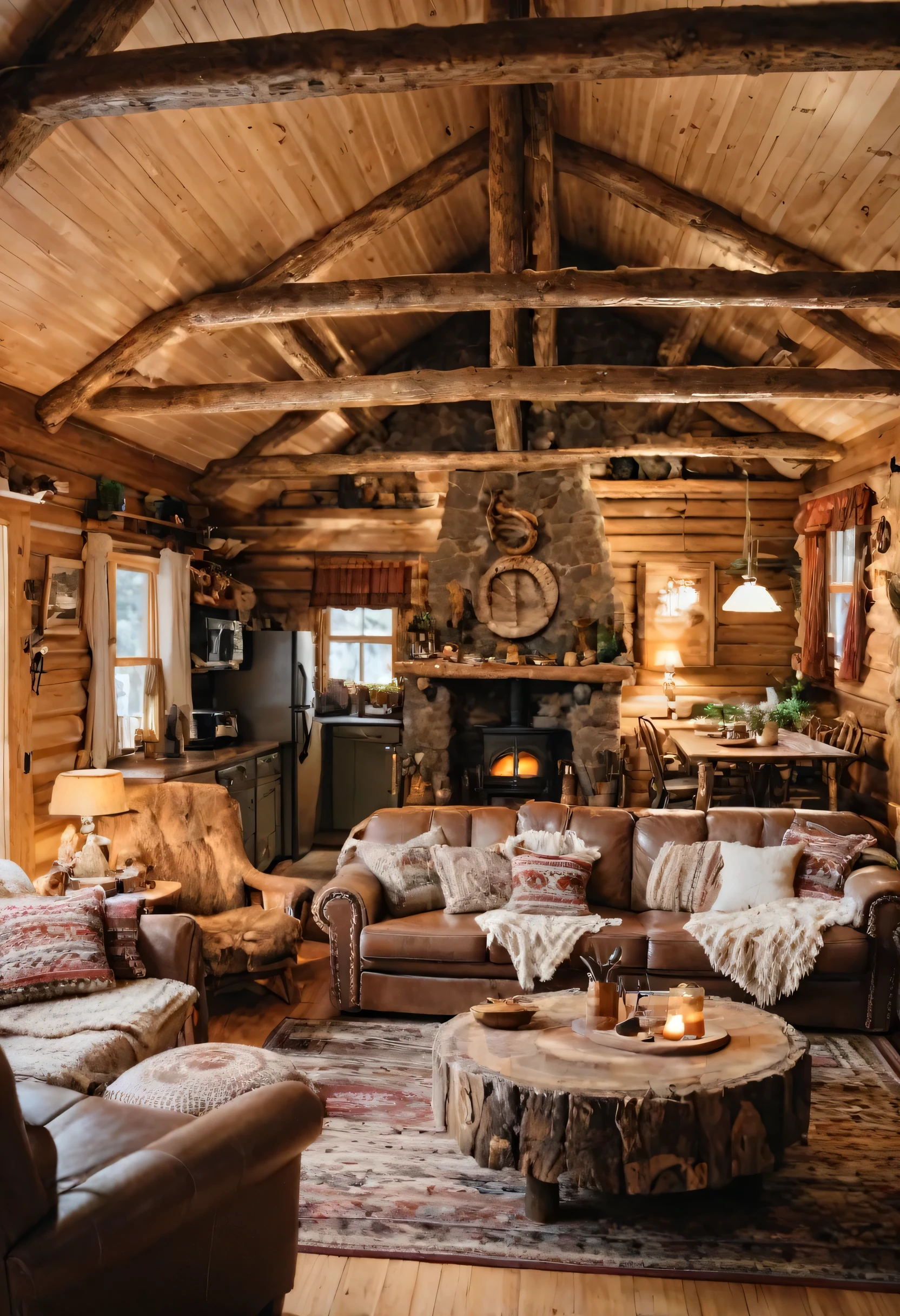 there is a living room with a couch, table, chairs and a kitchen, rustic setting, cozy setting, cozy environment, cozy place, cozy atmosphere, pleasant cozy atmosphere, wide shot of a cabin interior, warm interior, warm interiors, rustic and weathered, cozy and peaceful atmosphere, cottagecore hippie, modern rustic, indoor setting, log homes