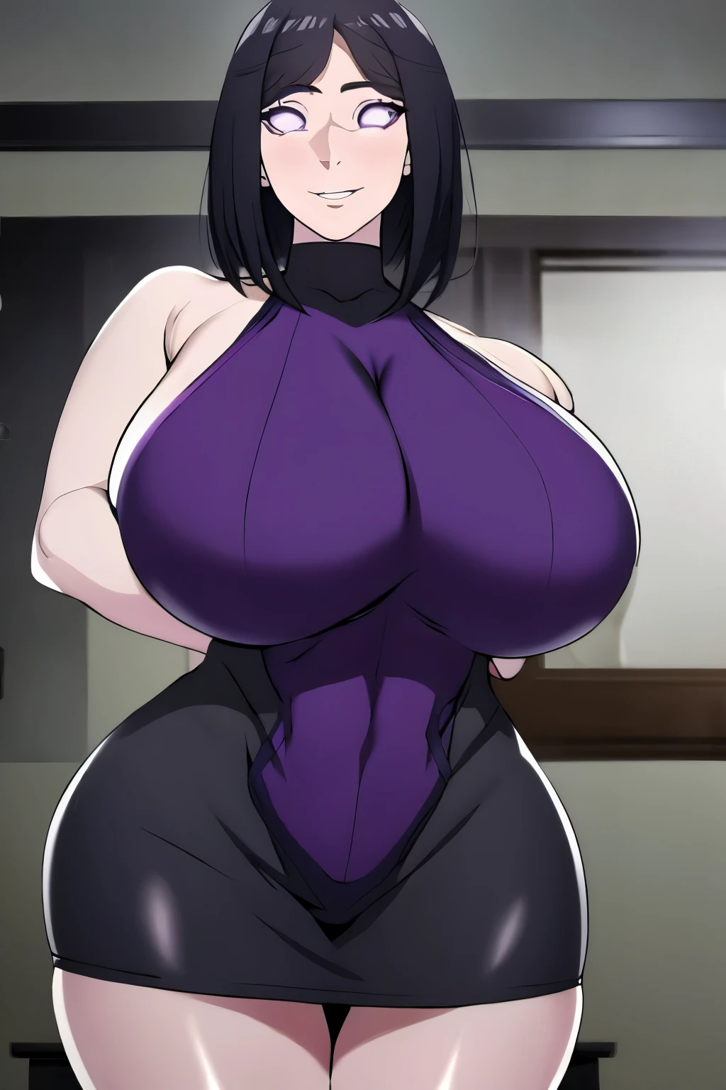 masterpiece, absurdres, hinata\(boruto\), 1girl, solo,mature female, minidress, perfect composition, detailed lips, gigantic breast, beautiful face, body propotion, short hair,  purple eyes,  soft gaze,  super realistic, detailed, photoshoot, realistic face and body, black turtleneck, (gigantic breasts: 1.1), curvy, cowboy shot, bare shoulders, seductive smile, inside, nightclub, cleavage, (gigantic breasts: 1.4)