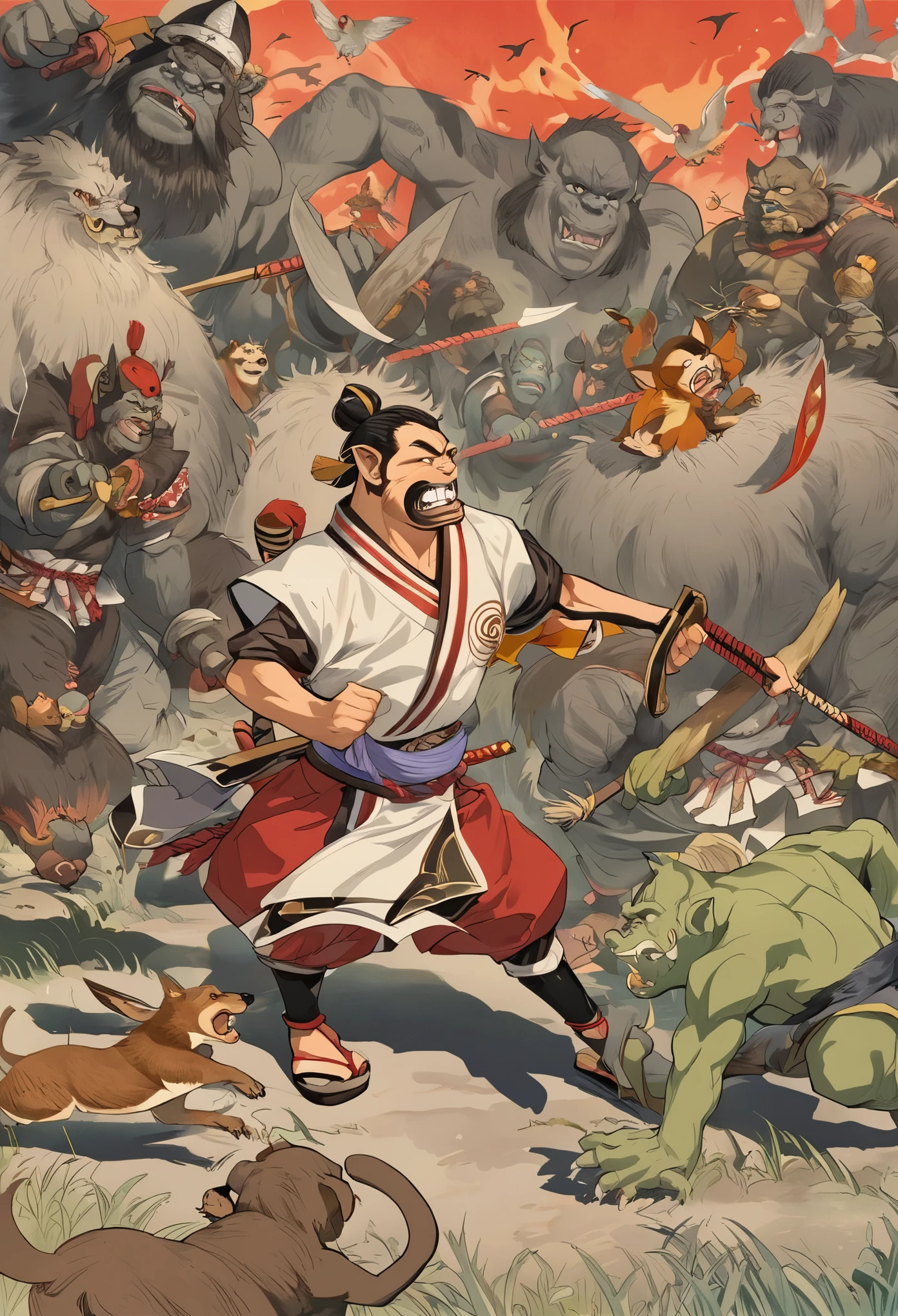 (masterpiece, top quality, best quality)dynamic scene from the Japanese folktale 'Momotaro', showing Momotaro fighting alongside his animal companions, a dog, a monkey, and a pheasant, against the ogres, The scene should be set on the Ogre Island, with Momotaro wearing traditional Japanese warrior clothing, holding a flag with the peach emblem, The animals should be actively participating in the battle, and ogres should appear menacing but not too scary, suitable for a children's book illustration, The style should be vibrant and detailed, capturing the energy and bravery of the legendary tale,