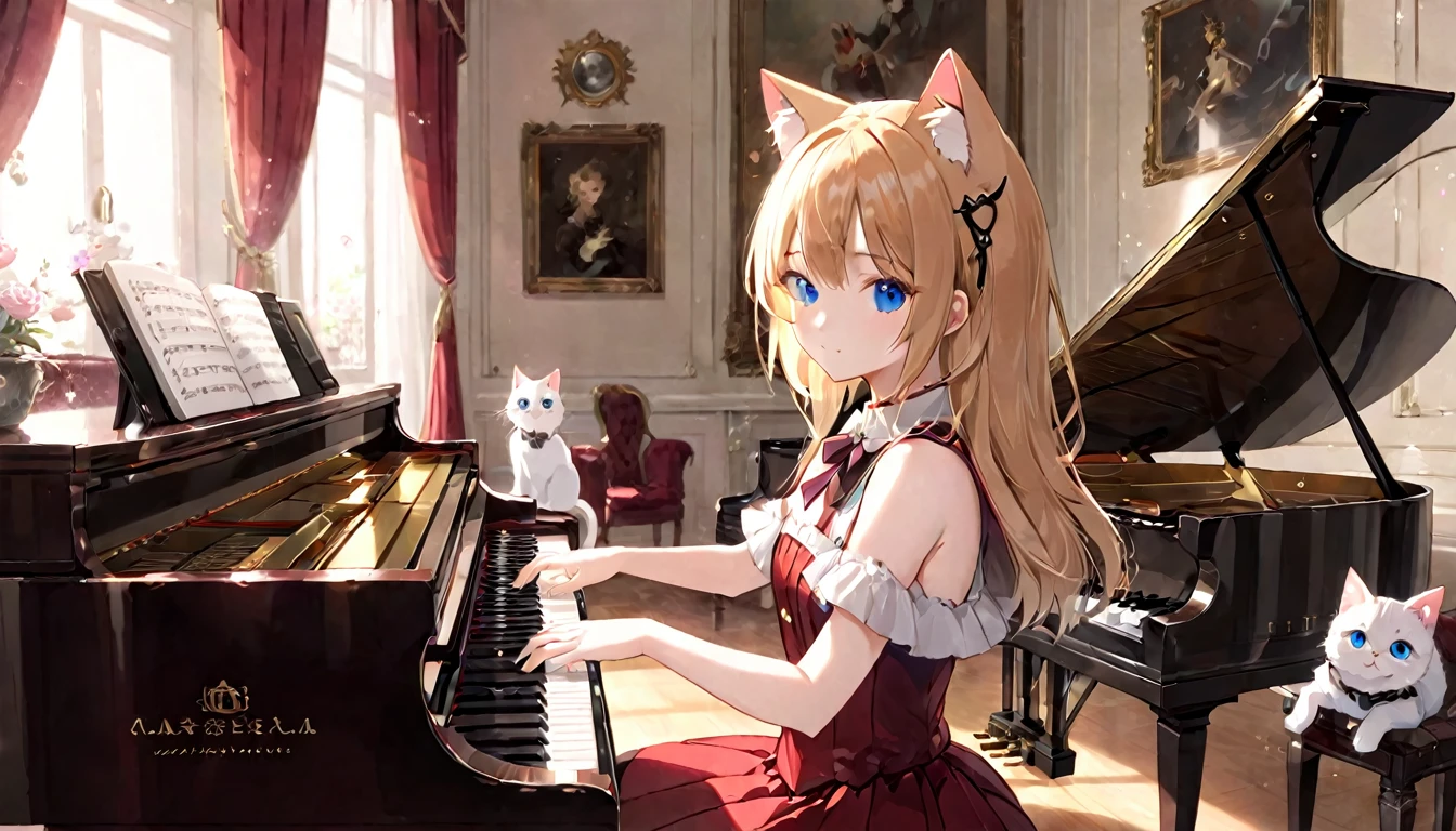 (masterpiece, best quality, very aesthetic, absurdres,general) ,
1girl, solo,、music room、Girl playing classical piano、Cat ear、clear eyes