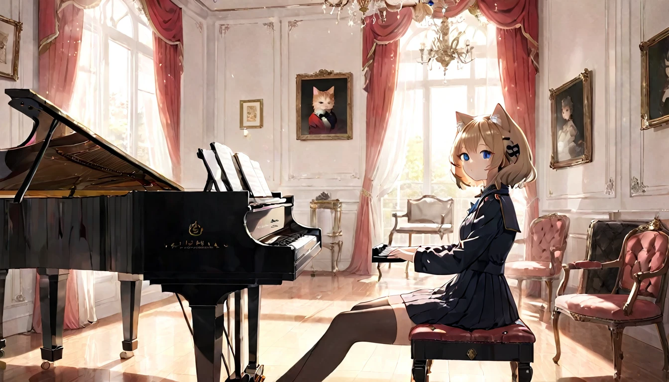 (masterpiece, best quality, very aesthetic, absurdres,general) ,
1girl, solo,、music room、Girl playing classical piano、Cat ear、clear eyes