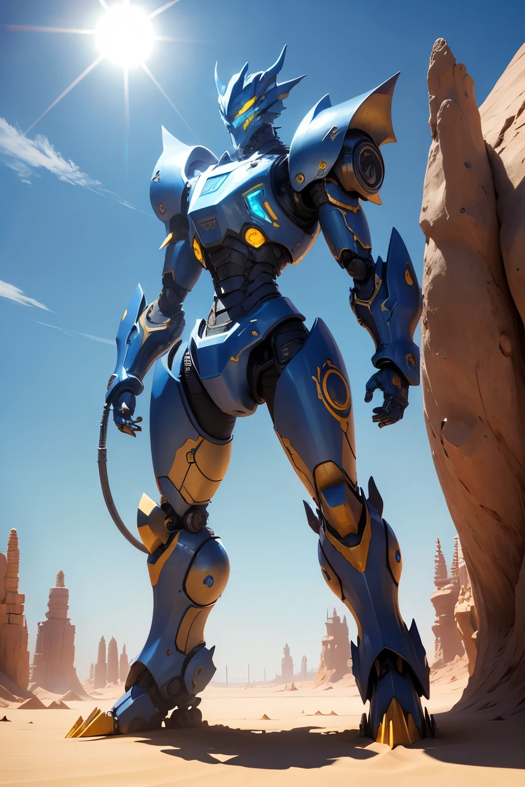 Robot Dragon, standing, futuristic, blue metal, pale yellow lights emited from body, desert, sunny, bright sky