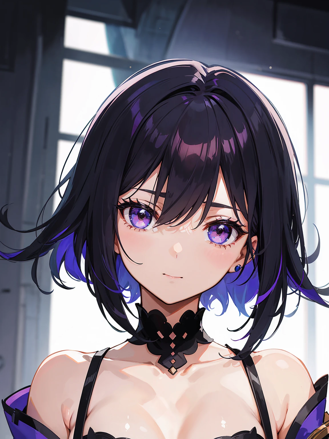 Anime-style portrait of a girl with a deep violet bob cut making eye contact with the camera, bright eyes, subtle smile, minimalistic background to emphasize character, high contrast, clean lines, digital painting, vivid colors, The girl wears her hair in a bob cut, cut at the jawline. Her hair is dark purple and her fringes are parted just in the middle of her forehead, barely peeking over her eyebrows. Other short hair frames the face on either side of the fringe, reaching just above the eyes, and the hair on the sides is clipped above the ears. The hair on top has slight volume and forms an overall rounded silhouette. The texture of the hair is smooth, shiny and lively. The ends of the hair are lightly styled inwards.