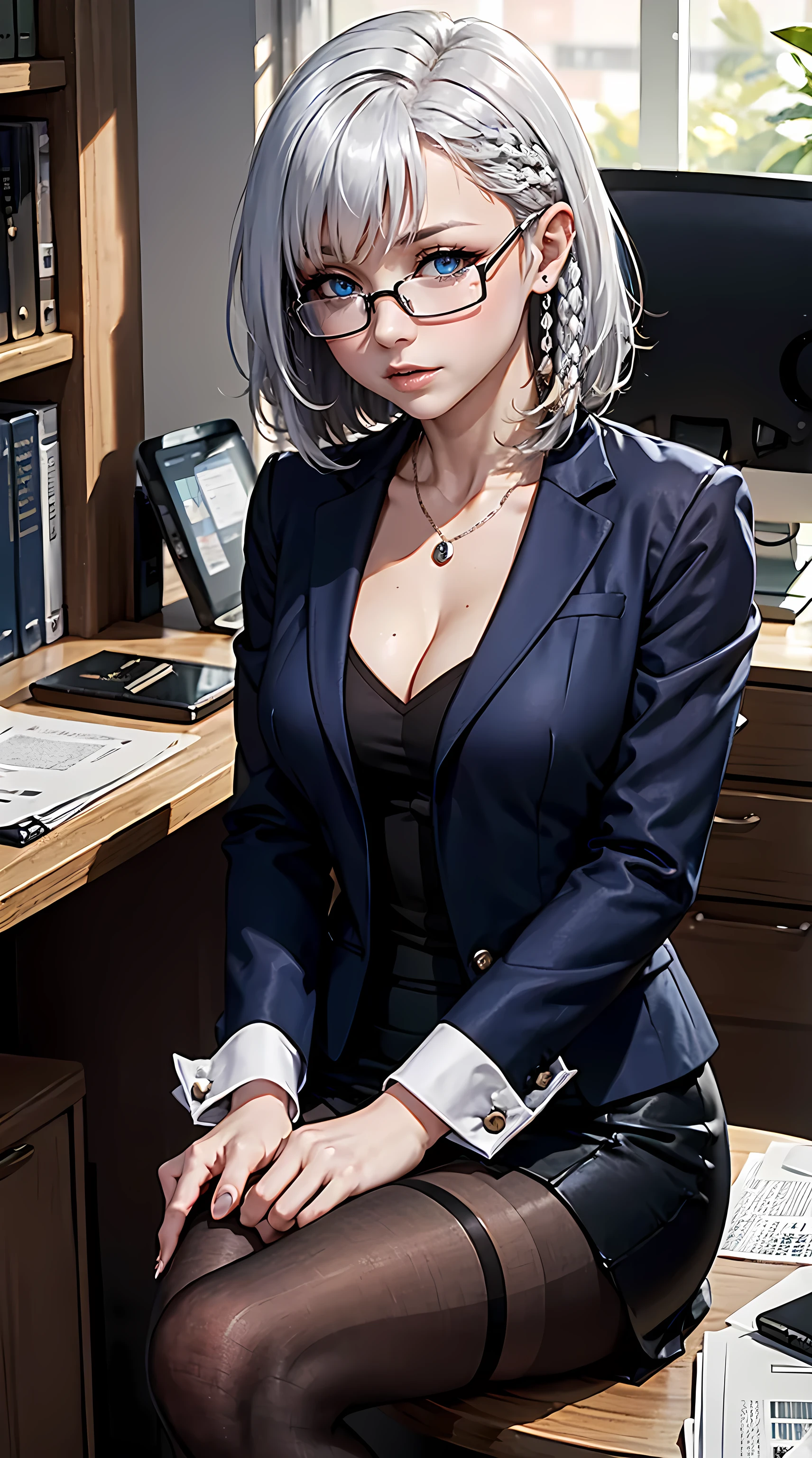 Beautiful silver hair woman is shown to have a sexy figure, she is wearing a sexy office blazer with skirt and pantyhose, glasses, sexy look, blue eyes, girl in a office ,sexy session, sexy pose, cowboy shot, superior quality, many details, realistic