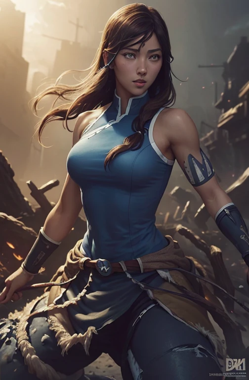 Halley Berry like Korra, sightly muscled, messy hair, Full body, Beautiful anime waifu style girl,hyperdetailed painting, luminism, art by artgerm, concept art, dark background, abstract beauty, approaching perfection, pure form, golden ratio, minimalistic, dark atmosphere, unfinished, concept art, intricate details, 8k post production, high resolution, hyperdetailed, trending on artstation, sharp focus, studio photo, intricate details, highly detailed,