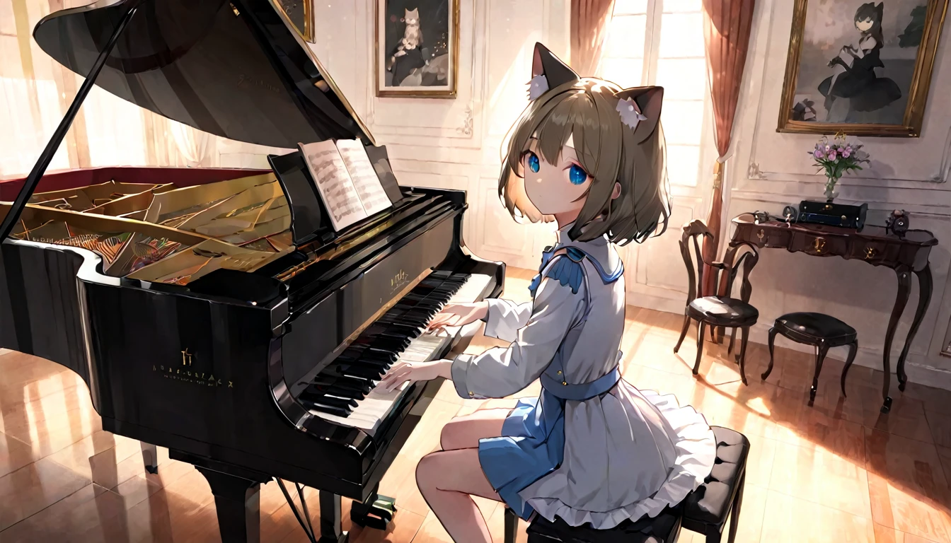 (masterpiece, best quality, very aesthetic, absurdres,general) ,
1girl, solo,、music room、Girl playing classical piano、Cat ear、clear eyes,shade