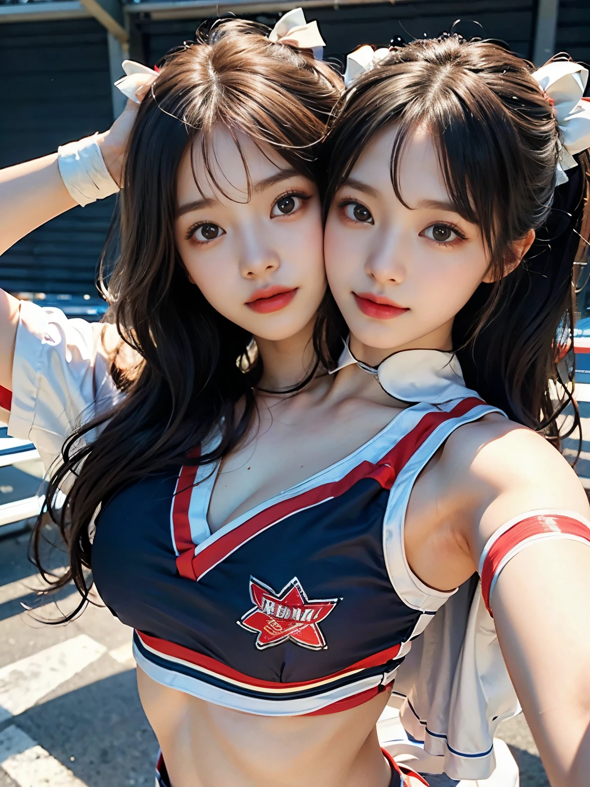  upper body, 1 girl, two headed japanese woman, 22 years old, feminine face, midriff, (((Dressed like an cheerleader))), cute face, detailed skin, A detailed eye, Rendering in highly detailed 4K resolution, conjoined_dicephalus, (two heads:1.3)