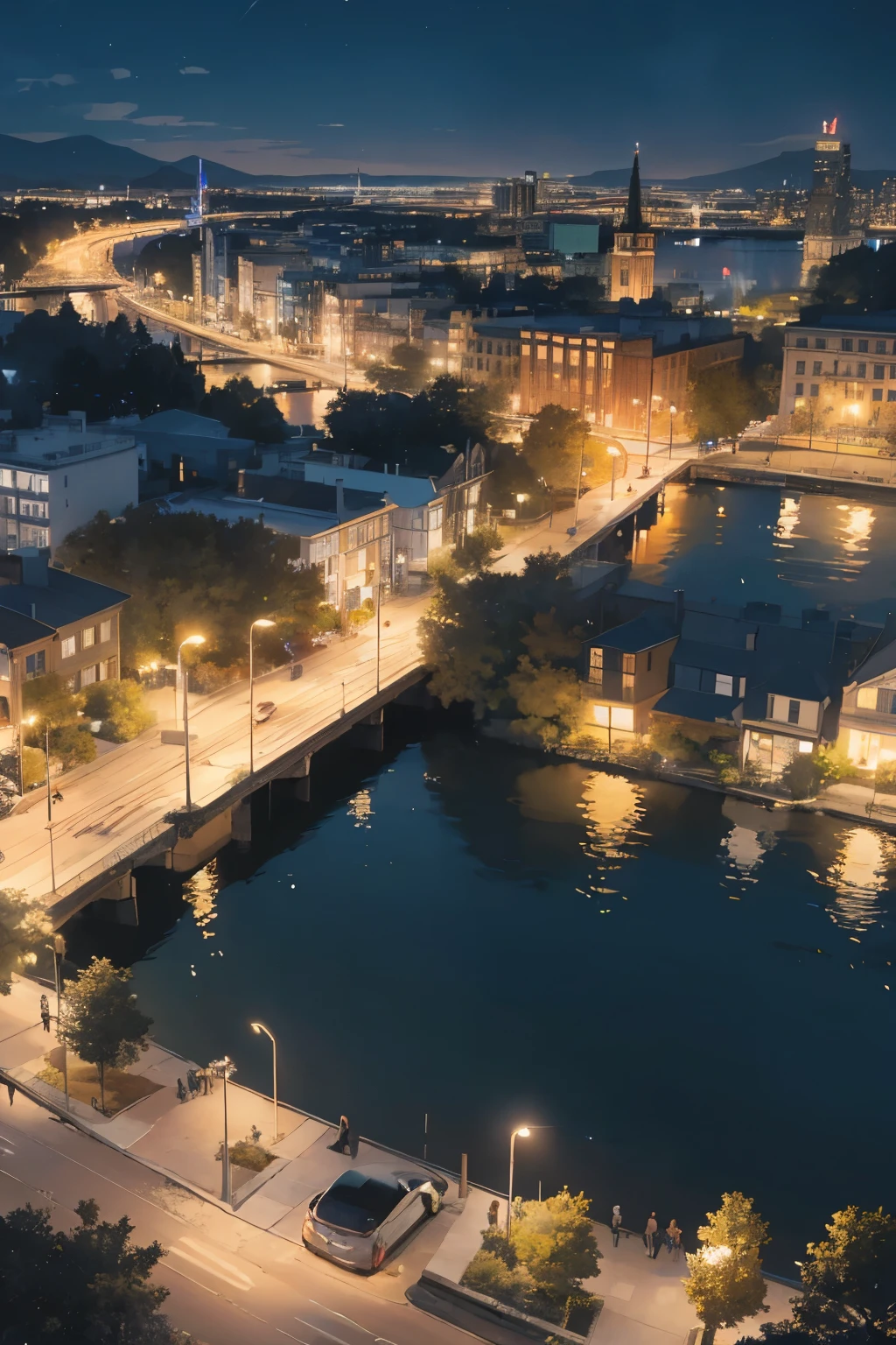 City skyline view with lake and park,　night