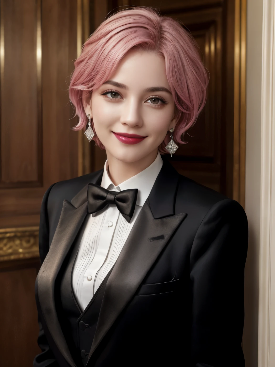 masterpiece, best quality,realistic,absurdres,1girl, solo, woman, black tuxedo, black suit, pink hair, short hair, palace, smile, breasts, earrings, lipstick, dynamic pose, tie