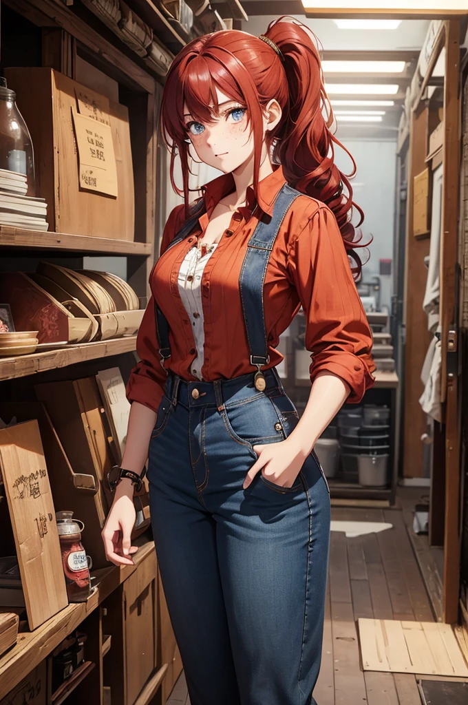 steampunk、１７Year-old girl、Curly Hair、ponytail、Red hair、blouse、Denim shirt、Work clotheoody lighting、Full Body Shot、Muscular、Soot、freckles