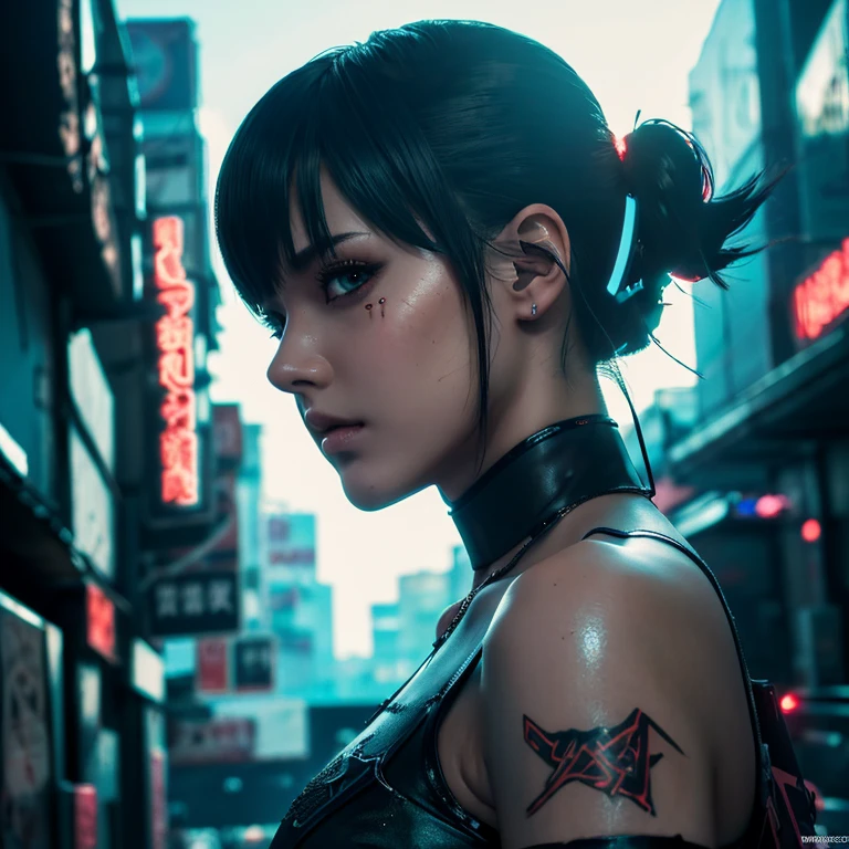 (masterpiece, highest quality, 8k, Sharp focus, Depth of written boundary, Best Shadow, Perfect lighting, High resolution, Realistic skin texture, Highly detailed background), Anime Style, Long Angle Shot, ((Cyberpunk Theme)), alone, 1 female, She's a mercenary, (Green Eyes, White skin, Black hair ponytail, choker, Small breasts, slim, compensate, eyeliner, Gloss), She works in a futuristic Korean city., Gripping the Tech Katana firmly, night, null, Waning Moon, Wearing a nice technical jacket and leather pants.